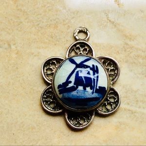 VTG Delf Holland Signed Silver Porcelain Pendant